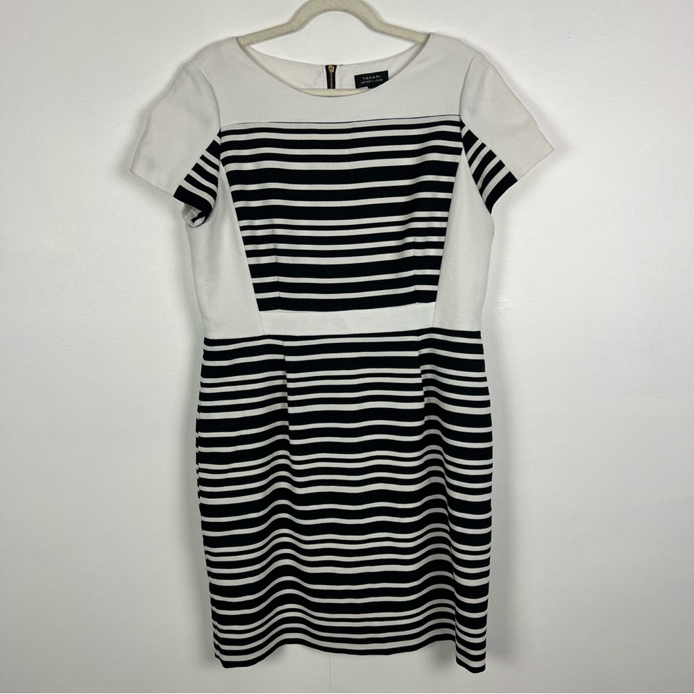 Tahari Sheath Dress Black and White Striped Zipper Back Size 16
